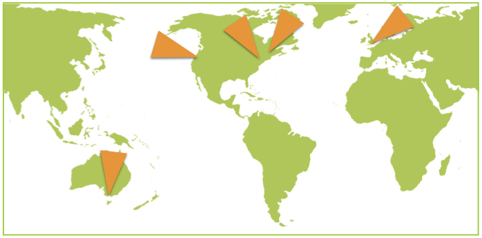 carte du monde avec flèches indiquant Londres, Hamilton, Chicago, Seattle et Melbourne